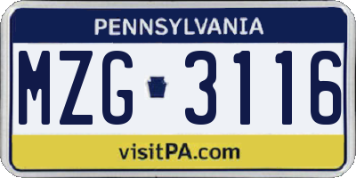 PA license plate MZG3116