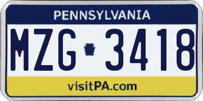 PA license plate MZG3418