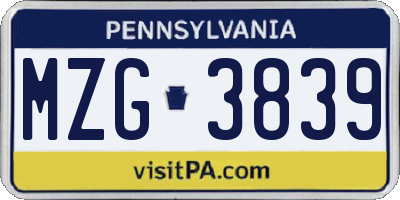 PA license plate MZG3839
