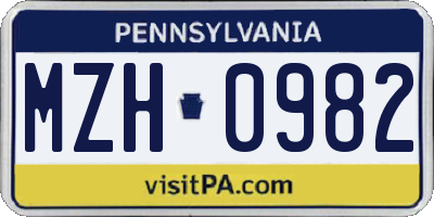 PA license plate MZH0982