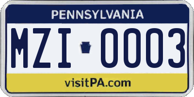 PA license plate MZI0003