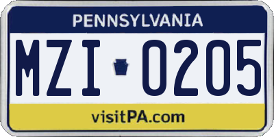 PA license plate MZI0205