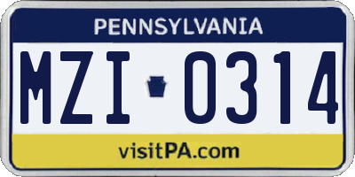 PA license plate MZI0314
