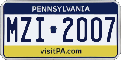 PA license plate MZI2007