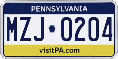 PA license plate MZJ0204
