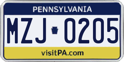 PA license plate MZJ0205