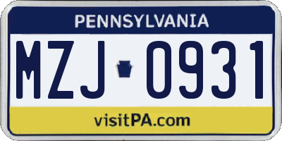 PA license plate MZJ0931