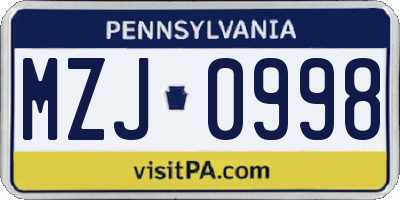 PA license plate MZJ0998