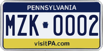 PA license plate MZK0002