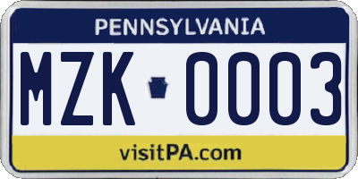 PA license plate MZK0003