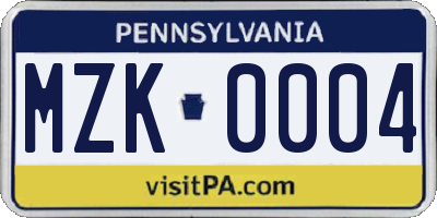 PA license plate MZK0004