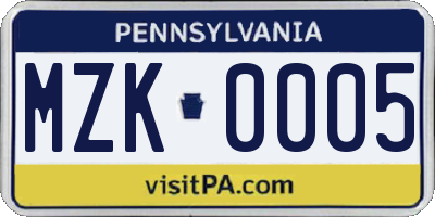 PA license plate MZK0005