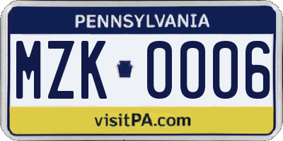 PA license plate MZK0006