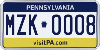 PA license plate MZK0008