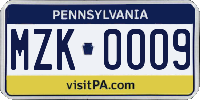 PA license plate MZK0009