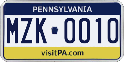 PA license plate MZK0010