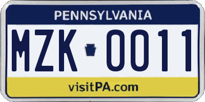 PA license plate MZK0011