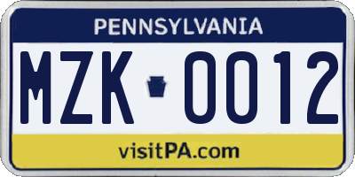 PA license plate MZK0012
