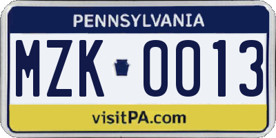 PA license plate MZK0013