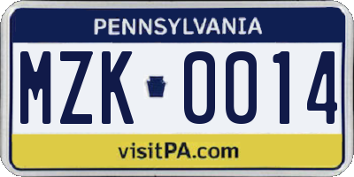 PA license plate MZK0014