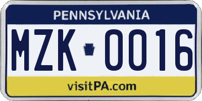 PA license plate MZK0016