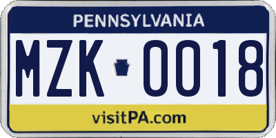 PA license plate MZK0018