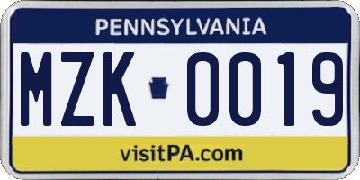 PA license plate MZK0019