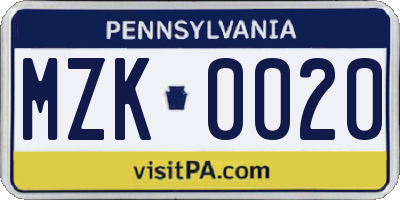 PA license plate MZK0020
