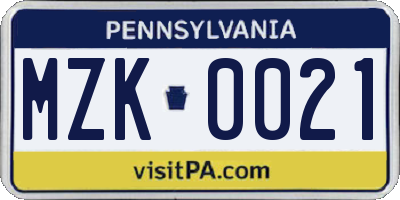 PA license plate MZK0021