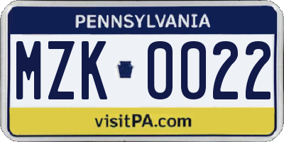 PA license plate MZK0022