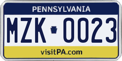 PA license plate MZK0023