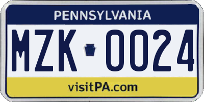 PA license plate MZK0024