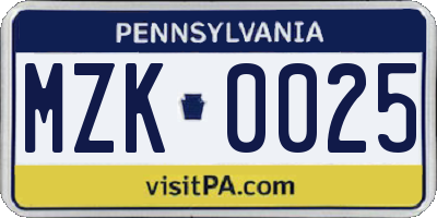 PA license plate MZK0025