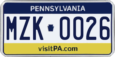 PA license plate MZK0026