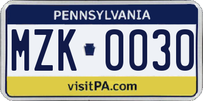 PA license plate MZK0030
