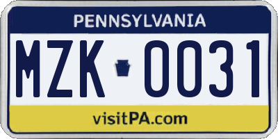 PA license plate MZK0031