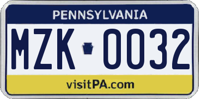 PA license plate MZK0032