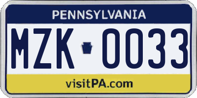 PA license plate MZK0033
