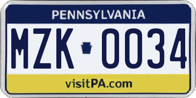 PA license plate MZK0034