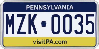 PA license plate MZK0035