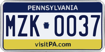 PA license plate MZK0037