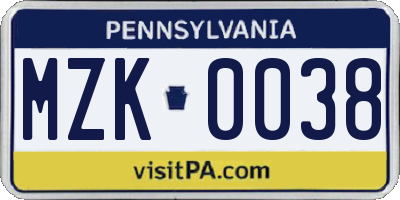 PA license plate MZK0038