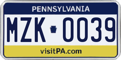 PA license plate MZK0039