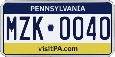 PA license plate MZK0040