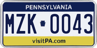 PA license plate MZK0043