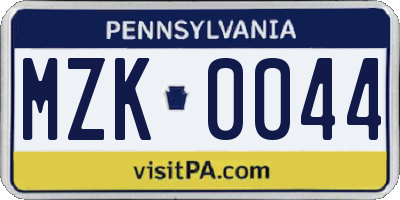 PA license plate MZK0044