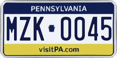 PA license plate MZK0045