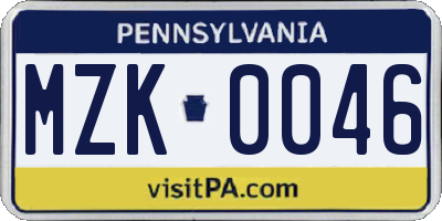 PA license plate MZK0046