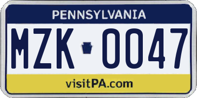 PA license plate MZK0047
