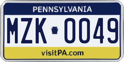 PA license plate MZK0049